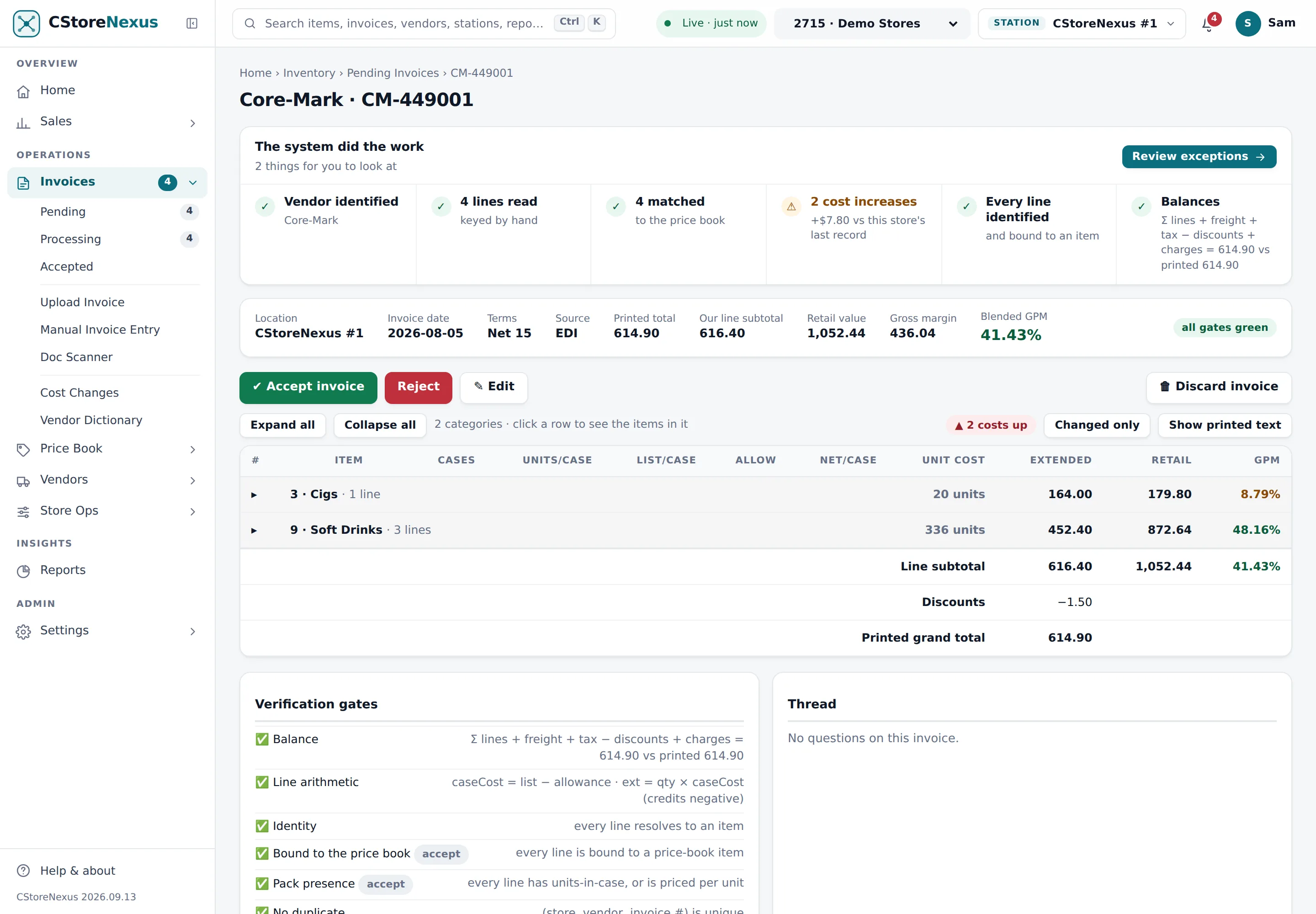An invoice from Core-Mark with the six tiles: vendor identified, lines read, matched, cost increases, unknown SKUs, balances