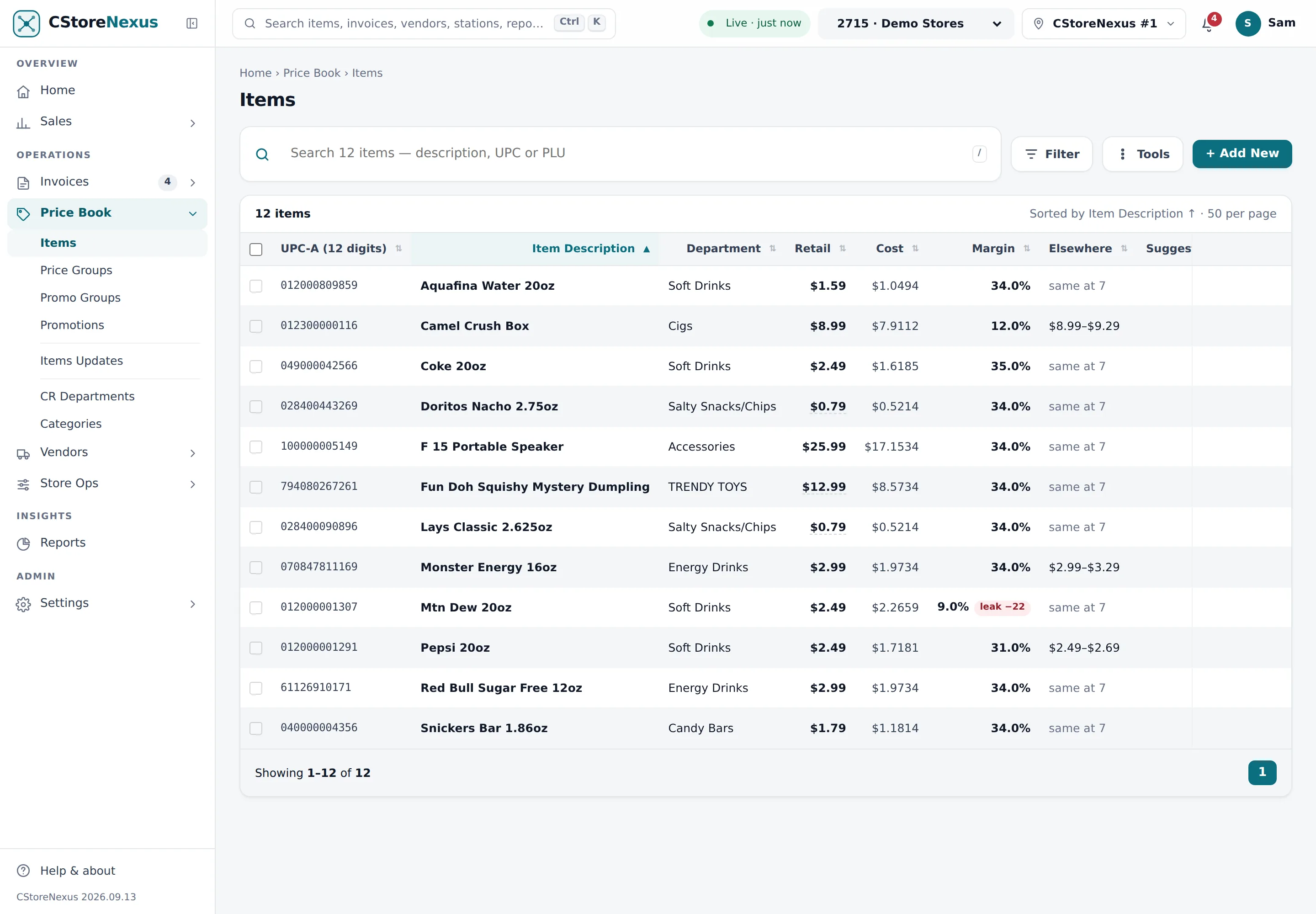 The Price Book items list with Cost, Margin, Elsewhere and Suggested columns beside Retail
